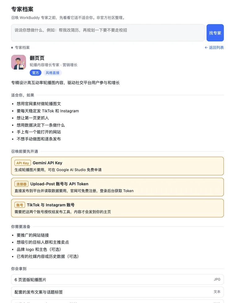 截图:一位专家的档案,「召唤前要先开通」列出 Gemini API Key、Upload-Post 账号与 API Token、TikTok 与 Instagram 账号