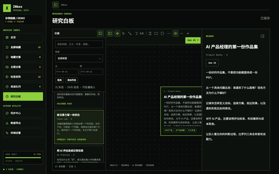 截图:研究白板,左侧是收藏栏,中间白板上放着文章卡片,右侧 Reader 打开了《AI 产品经理的第一份作品集》全文